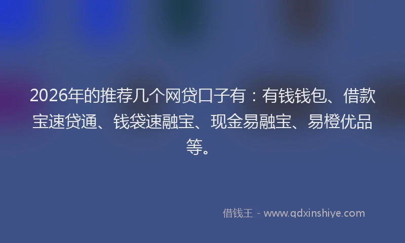 2026年的推荐几个网贷口子有：有钱钱包、借款宝速贷通、钱袋速融宝、现金易融宝、易橙优品等。