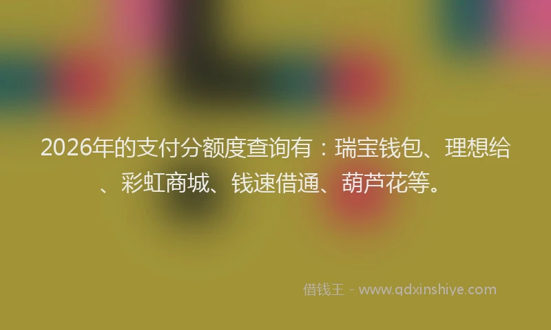 2026年的支付分额度查询有：瑞宝钱包、理想给、彩虹商城、钱速借通、葫芦花等。