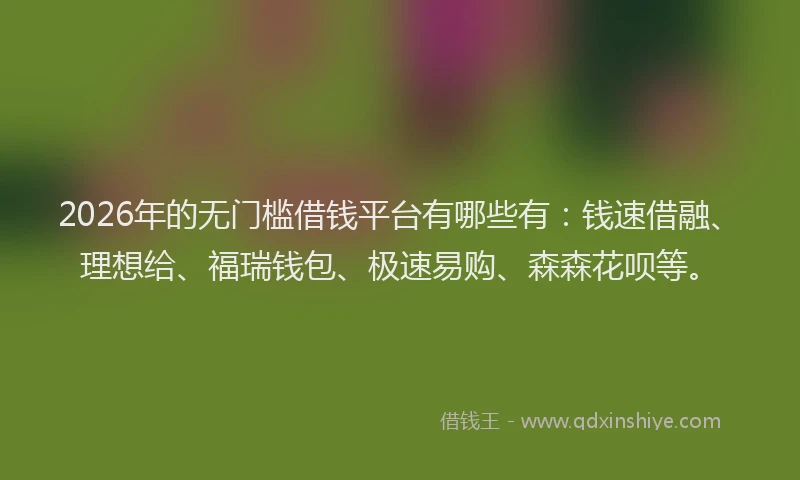 2026年的无门槛借钱平台有哪些有：钱速借融、理想给、福瑞钱包、极速易购、森森花呗等。