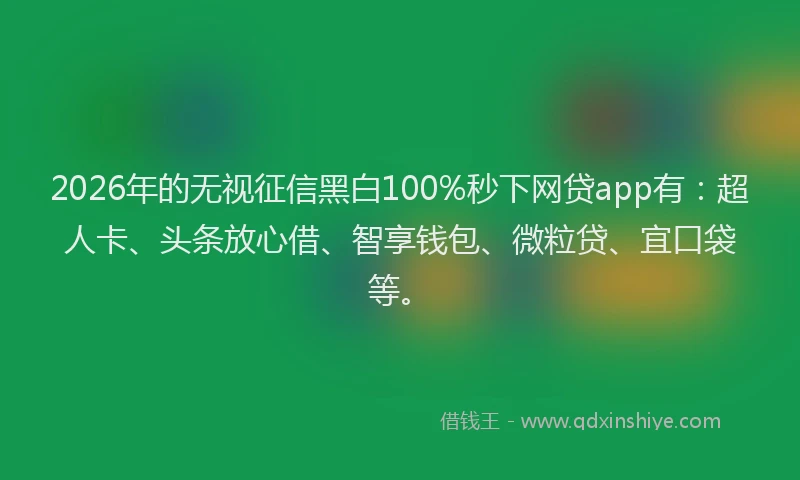 2026年的无视征信黑白100%秒下网贷app有：超人卡、头条放心借、智享钱包、微粒贷、宜口袋等。
