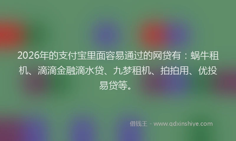 2026年的支付宝里面容易通过的网贷有：蜗牛租机、滴滴金融滴水贷、九梦租机、拍拍用、优投易贷等。