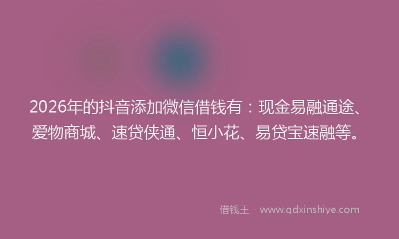 2026年的抖音添加微信借钱有：现金易融通途、爱物商城、速贷侠通、恒小花、易贷宝速融等。