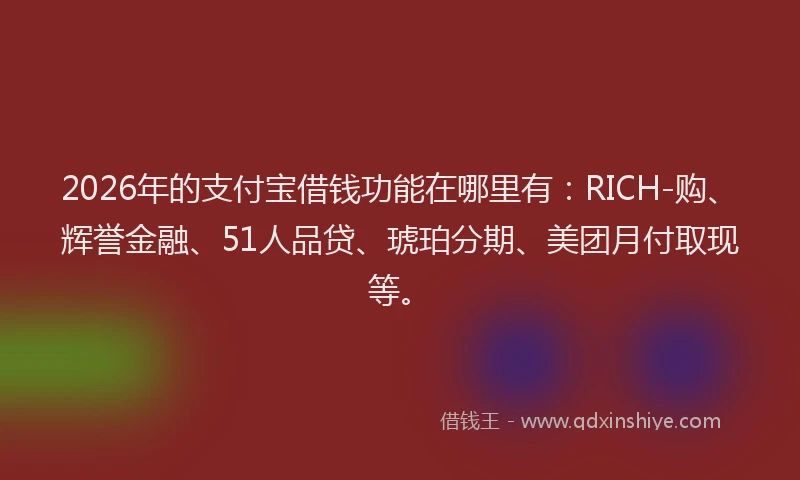 2026年的支付宝借钱功能在哪里有：RICH-购、辉誉金融、51人品贷、琥珀分期、美团月付取现等。