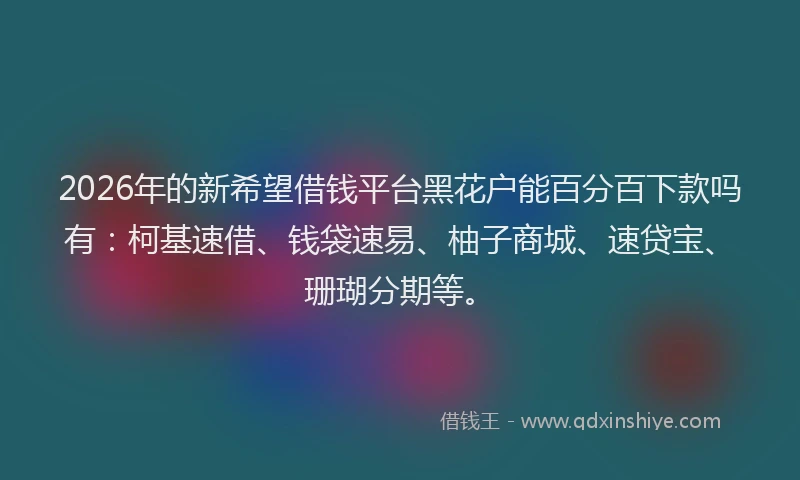 2026年的新希望借钱平台黑花户能百分百下款吗有：柯基速借、钱袋速易、柚子商城、速贷宝、珊瑚分期等。