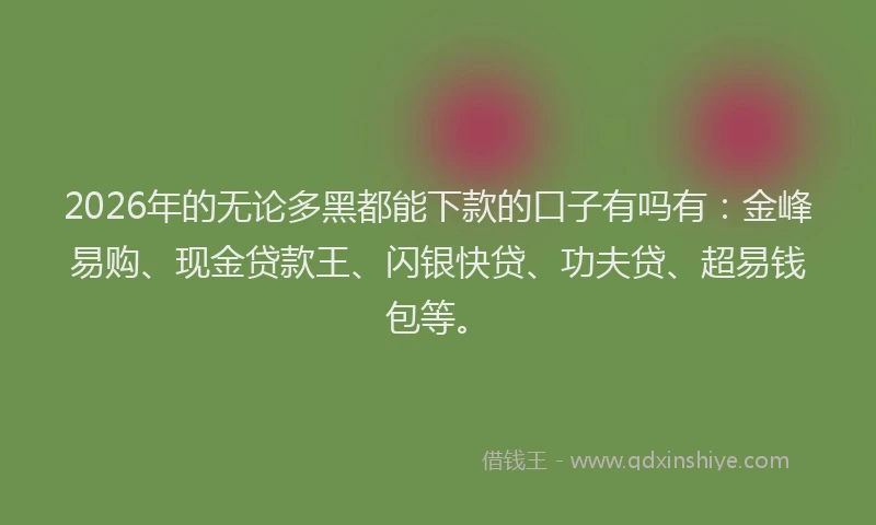 2026年的无论多黑都能下款的口子有吗有：金峰易购、现金贷款王、闪银快贷、功夫贷、超易钱包等。