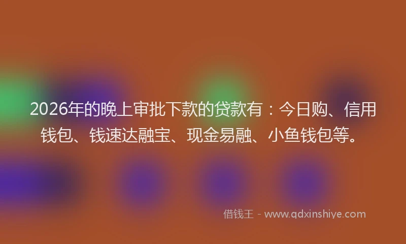 2026年的晚上审批下款的贷款有：今日购、信用钱包、钱速达融宝、现金易融、小鱼钱包等。
