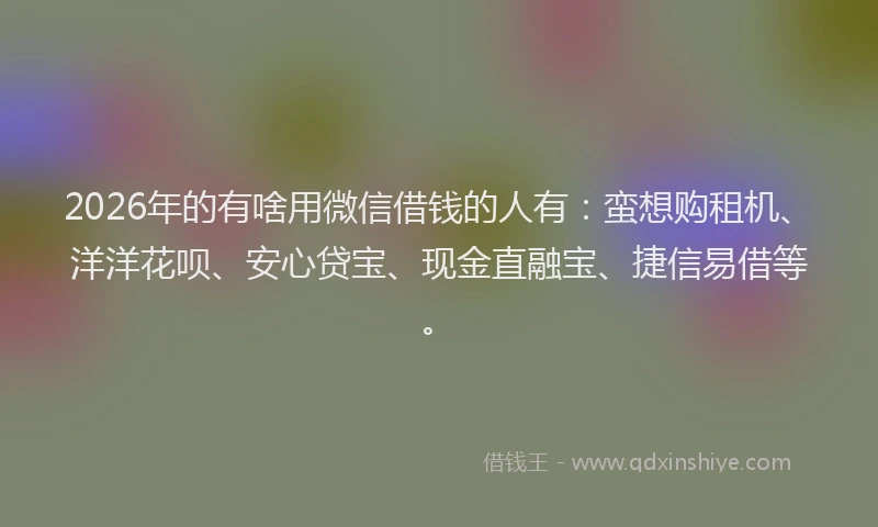 2026年的有啥用微信借钱的人有：蛮想购租机、洋洋花呗、安心贷宝、现金直融宝、捷信易借等。