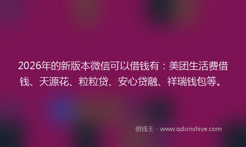 2026年的新版本微信可以借钱有：美团生活费借钱、天源花、粒粒贷、安心贷融、祥瑞钱包等。