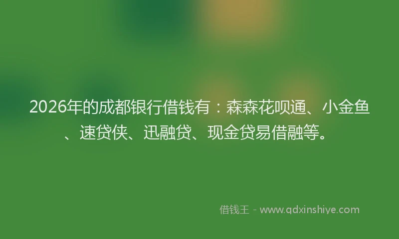 2026年的成都银行借钱有：森森花呗通、小金鱼、速贷侠、迅融贷、现金贷易借融等。