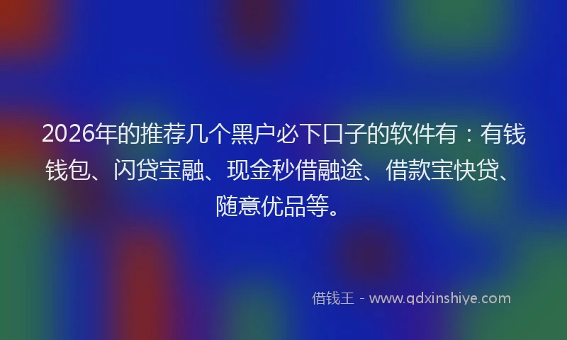 2026年的推荐几个黑户必下口子的软件有：有钱钱包、闪贷宝融、现金秒借融途、借款宝快贷、随意优品等。