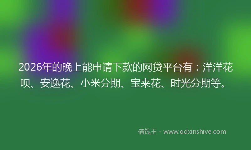 2026年的晚上能申请下款的网贷平台有：洋洋花呗、安逸花、小米分期、宝来花、时光分期等。