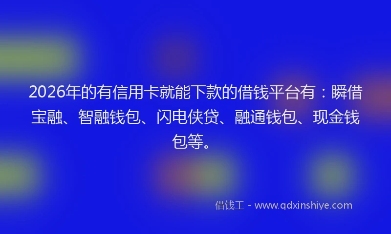 2026年的有信用卡就能下款的借钱平台有：瞬借宝融、智融钱包、闪电侠贷、融通钱包、现金钱包等。