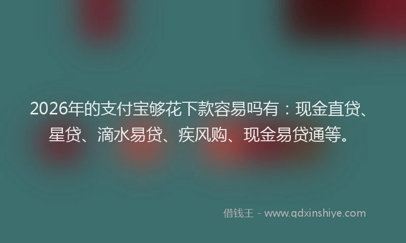 2026年的支付宝够花下款容易吗有：现金直贷、星贷、滴水易贷、疾风购、现金易贷通等。