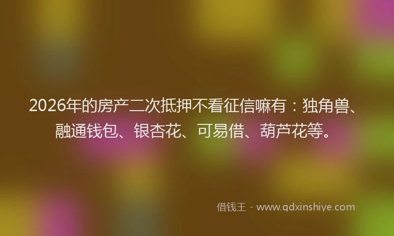 2026年的房产二次抵押不看征信嘛有：独角兽、融通钱包、银杏花、可易借、葫芦花等。