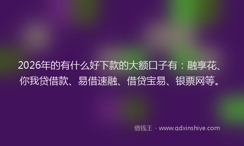 2026年的有什么好下款的大额口子有：融享花、你我贷借款、易借速融、借贷宝易、银票网等。