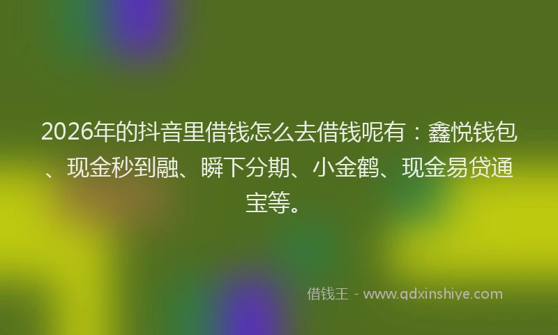 2026年的抖音里借钱怎么去借钱呢有：鑫悦钱包、现金秒到融、瞬下分期、小金鹤、现金易贷通宝等。