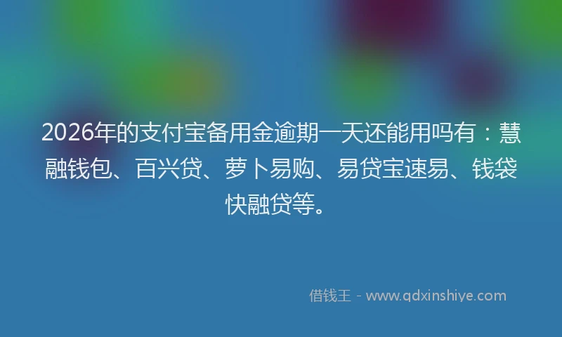 2026年的支付宝备用金逾期一天还能用吗有：慧融钱包、百兴贷、萝卜易购、易贷宝速易、钱袋快融贷等。