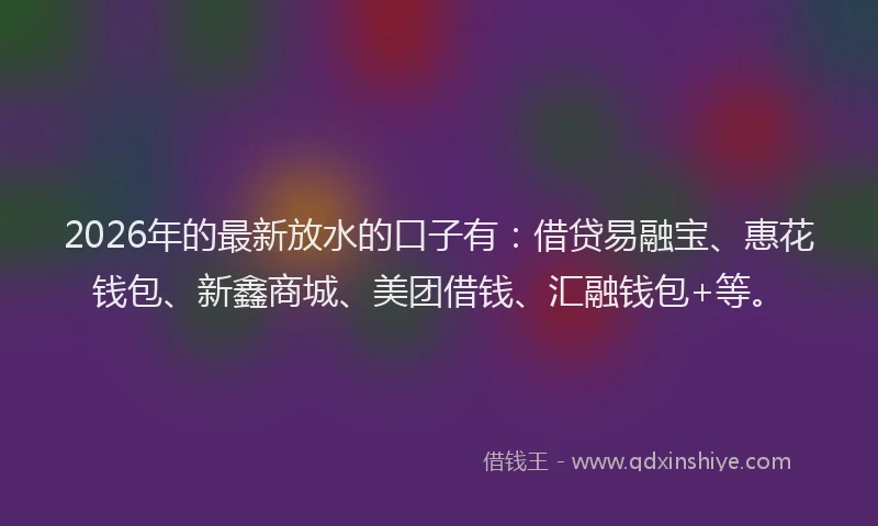 2026年的最新放水的口子有：借贷易融宝、惠花钱包、新鑫商城、美团借钱、汇融钱包+等。