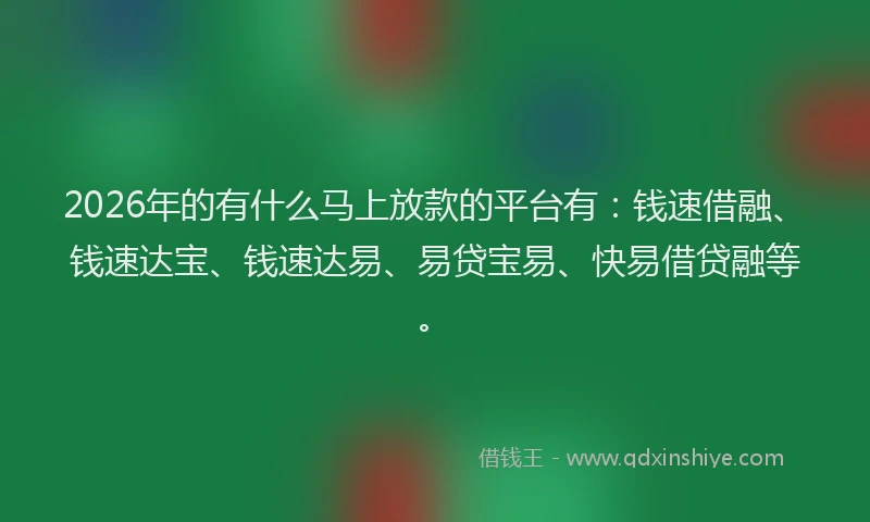 2026年的有什么马上放款的平台有：钱速借融、钱速达宝、钱速达易、易贷宝易、快易借贷融等。