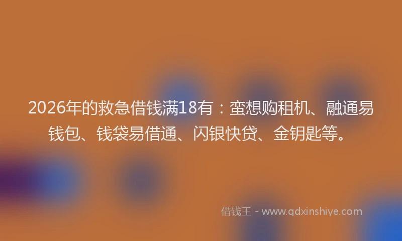 2026年的救急借钱满18有：蛮想购租机、融通易钱包、钱袋易借通、闪银快贷、金钥匙等。