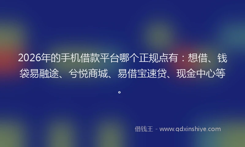 2026年的手机借款平台哪个正规点有：想借、钱袋易融途、兮悦商城、易借宝速贷、现金中心等。