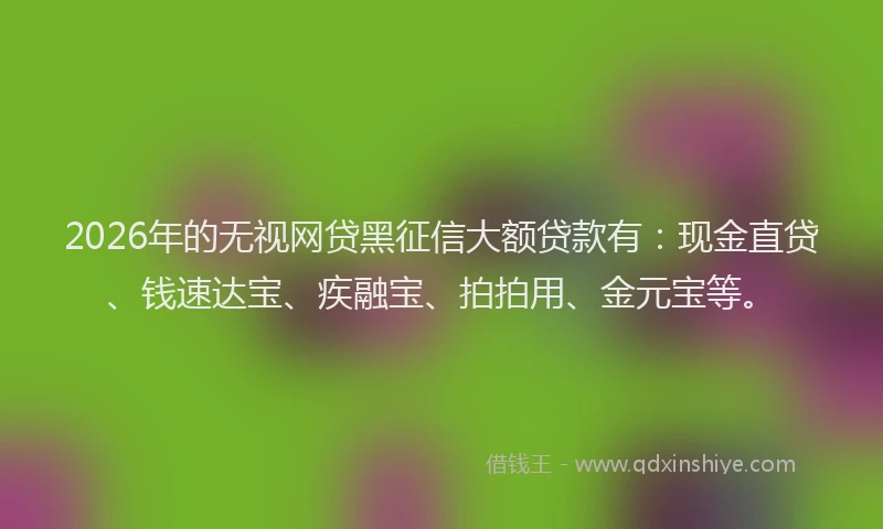 2026年的无视网贷黑征信大额贷款有：现金直贷、钱速达宝、疾融宝、拍拍用、金元宝等。