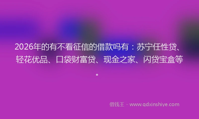 2026年的有不看征信的借款吗有：苏宁任性贷、轻花优品、口袋财富贷、现金之家、闪贷宝盒等。