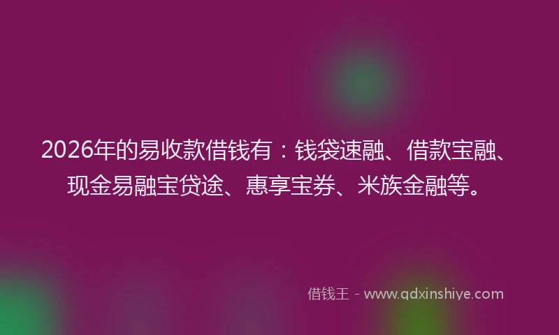 2026年的易收款借钱有：钱袋速融、借款宝融、现金易融宝贷途、惠享宝券、米族金融等。
