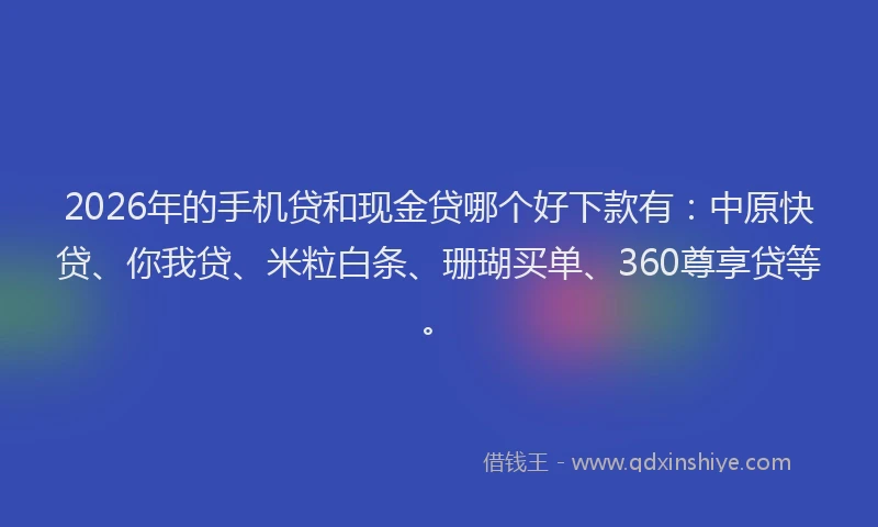 2026年的手机贷和现金贷哪个好下款有：中原快贷、你我贷、米粒白条、珊瑚买单、360尊享贷等。