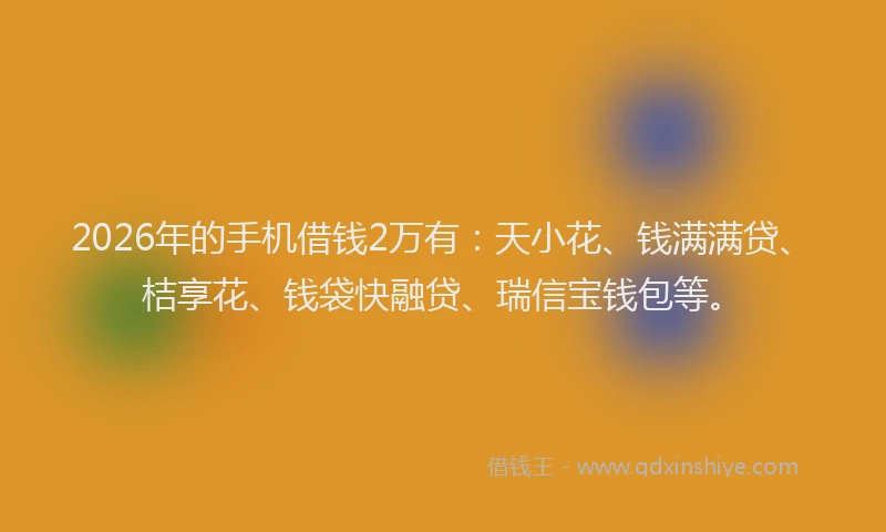 2026年的手机借钱2万有：天小花、钱满满贷、桔享花、钱袋快融贷、瑞信宝钱包等。