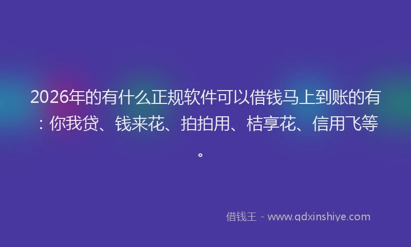 2026年的有什么正规软件可以借钱马上到账的有：你我贷、钱来花、拍拍用、桔享花、信用飞等。