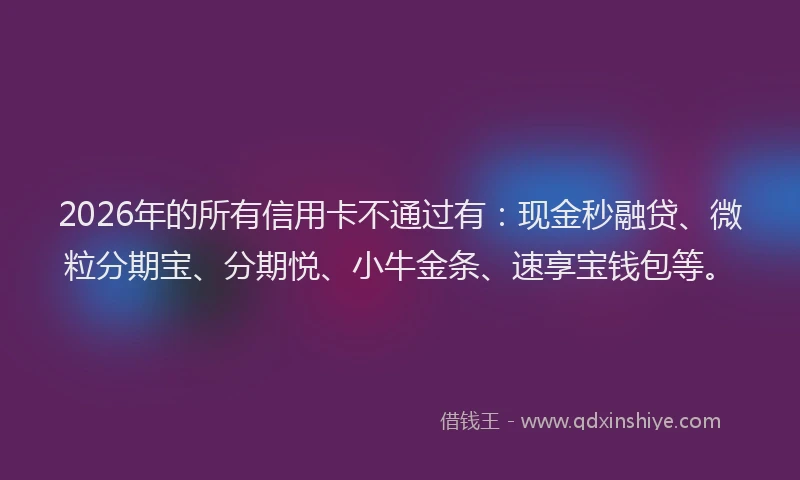 2026年的所有信用卡不通过有：现金秒融贷、微粒分期宝、分期悦、小牛金条、速享宝钱包等。