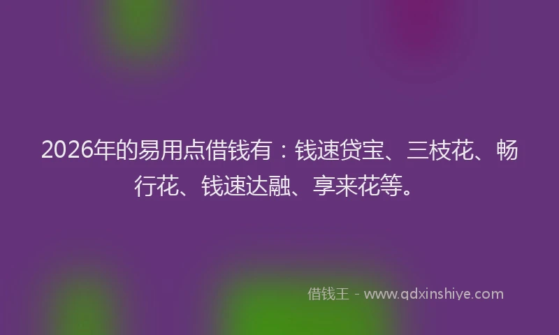 2026年的易用点借钱有：钱速贷宝、三枝花、畅行花、钱速达融、享来花等。