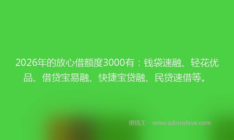 2026年的放心借额度3000有：钱袋速融、轻花优品、借贷宝易融、快捷宝贷融、民贷速借等。