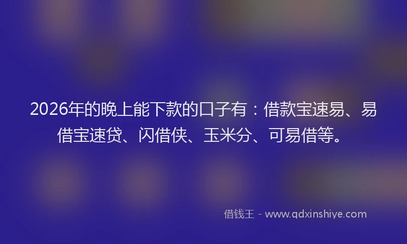 2026年的晚上能下款的口子有：借款宝速易、易借宝速贷、闪借侠、玉米分、可易借等。