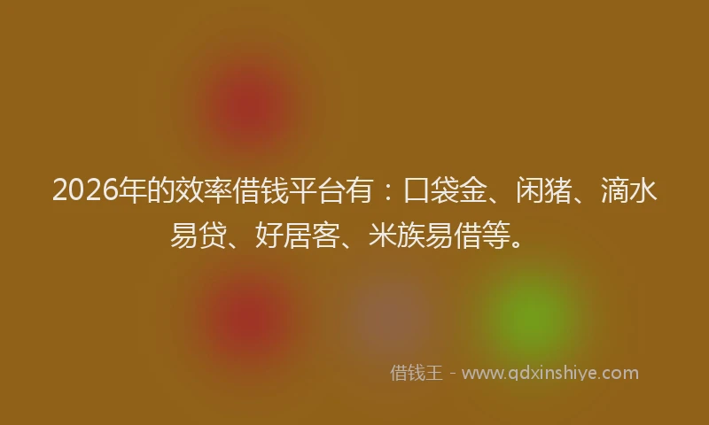 2026年的效率借钱平台有：口袋金、闲猪、滴水易贷、好居客、米族易借等。