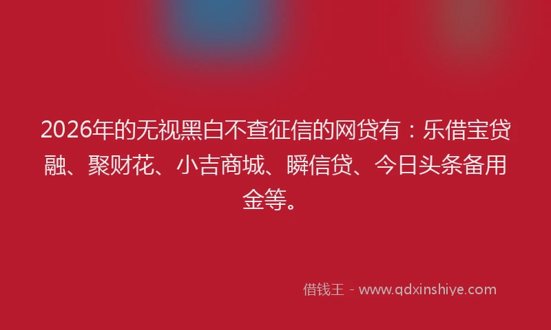 2026年的无视黑白不查征信的网贷有：乐借宝贷融、聚财花、小吉商城、瞬信贷、今日头条备用金等。