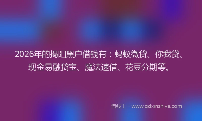 2026年的揭阳黑户借钱有：蚂蚁微贷、你我贷、现金易融贷宝、魔法速借、花豆分期等。