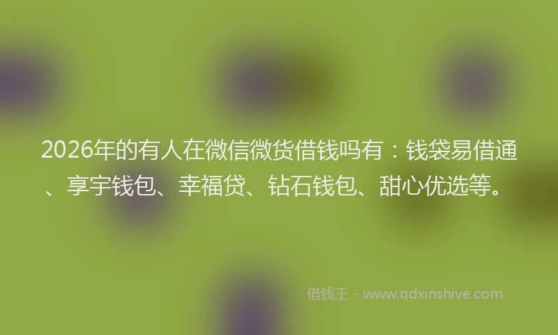 2026年的有人在微信微货借钱吗有：钱袋易借通、享宇钱包、幸福贷、钻石钱包、甜心优选等。