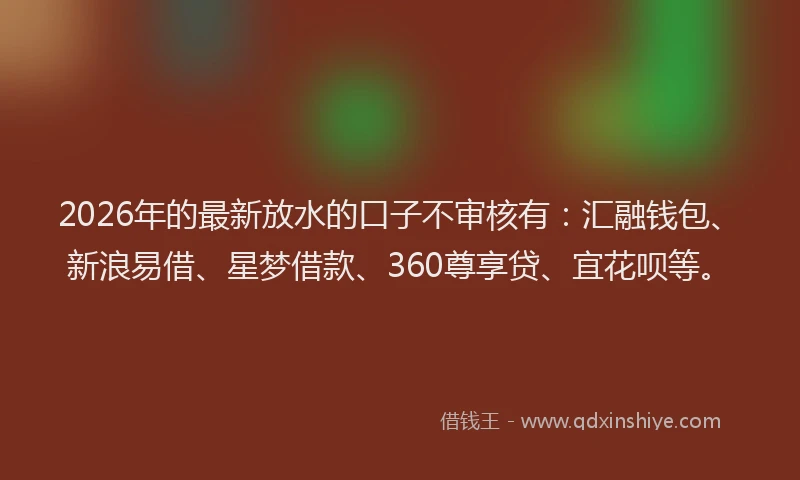 2026年的最新放水的口子不审核有：汇融钱包、新浪易借、星梦借款、360尊享贷、宜花呗等。