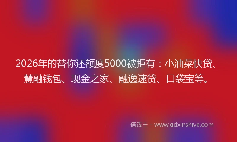 2026年的替你还额度5000被拒有：小油菜快贷、慧融钱包、现金之家、融逸速贷、口袋宝等。