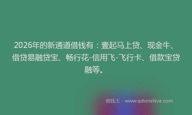 2026年的新通道借钱有：壹起马上贷、现金牛、借贷易融贷宝、畅行花-信用飞-飞行卡、借款宝贷融等。
