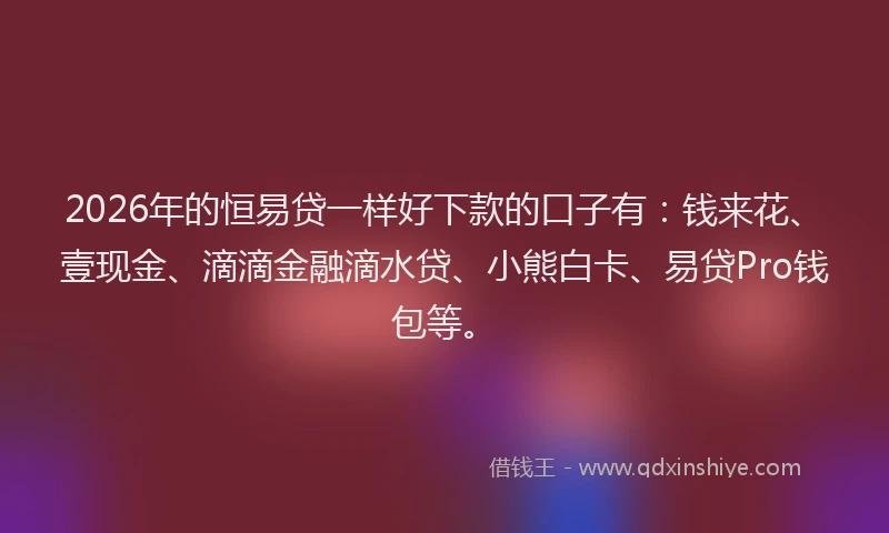 2026年的恒易贷一样好下款的口子有：钱来花、壹现金、滴滴金融滴水贷、小熊白卡、易贷Pro钱包等。