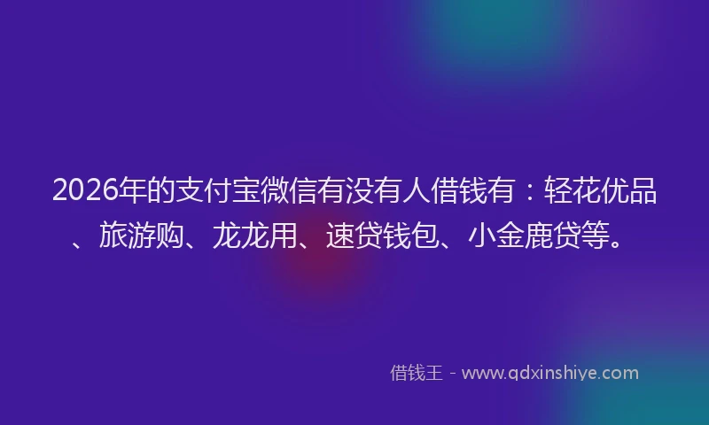 2026年的支付宝微信有没有人借钱有：轻花优品、旅游购、龙龙用、速贷钱包、小金鹿贷等。
