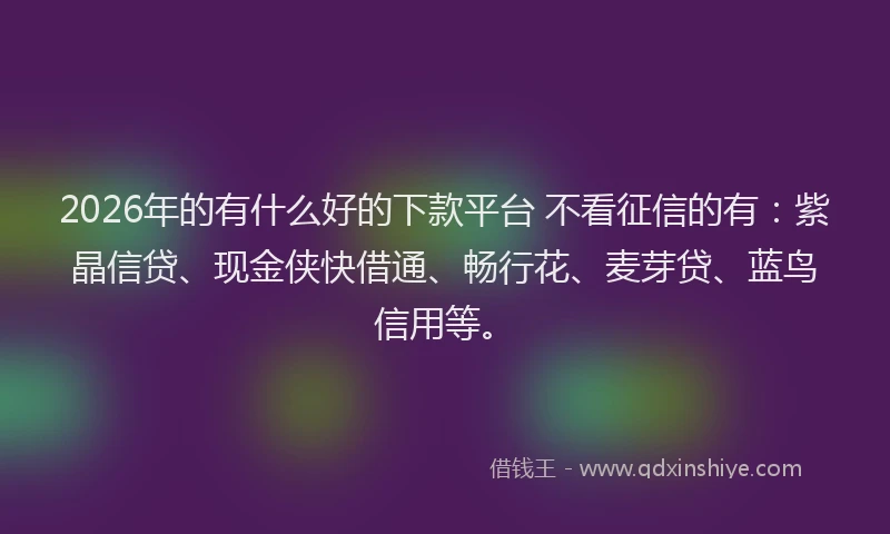 2026年的有什么好的下款平台 不看征信的有：紫晶信贷、现金侠快借通、畅行花、麦芽贷、蓝鸟信用等。
