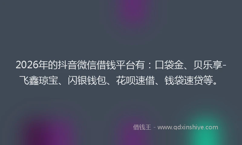 2026年的抖音微信借钱平台有：口袋金、贝乐享-飞鑫琼宝、闪银钱包、花呗速借、钱袋速贷等。