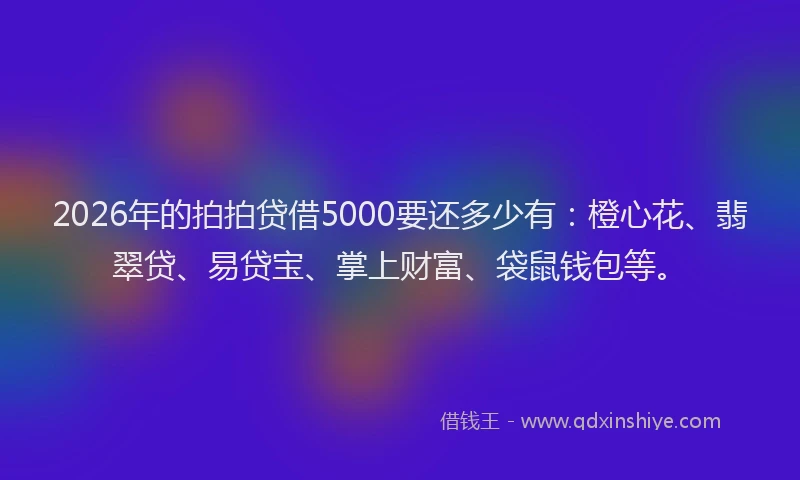2026年的拍拍贷借5000要还多少有：橙心花、翡翠贷、易贷宝、掌上财富、袋鼠钱包等。