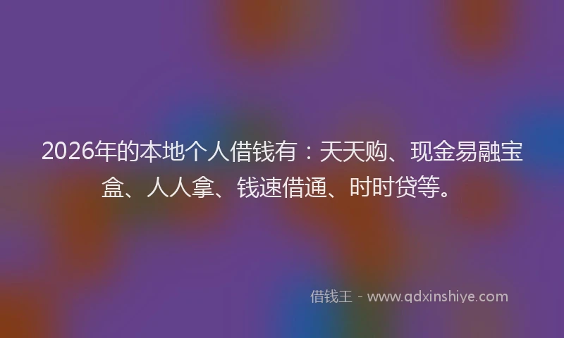 2026年的本地个人借钱有：天天购、现金易融宝盒、人人拿、钱速借通、时时贷等。