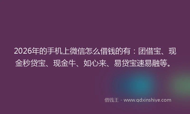 2026年的手机上微信怎么借钱的有：团借宝、现金秒贷宝、现金牛、如心来、易贷宝速易融等。