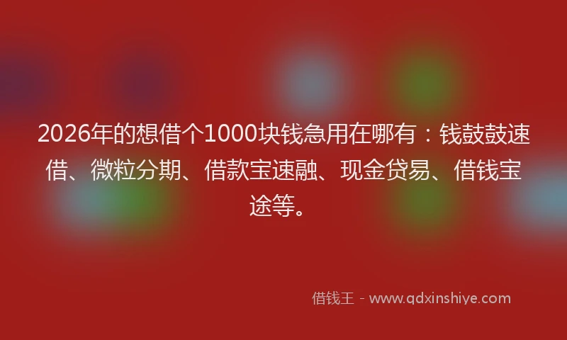 2026年的想借个1000块钱急用在哪有：钱鼓鼓速借、微粒分期、借款宝速融、现金贷易、借钱宝途等。